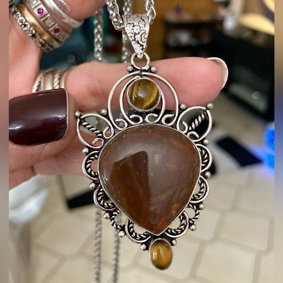 925 sterling silver overlay charm red jasper & golden brown tiger eye necklace - Picture 2 of 16